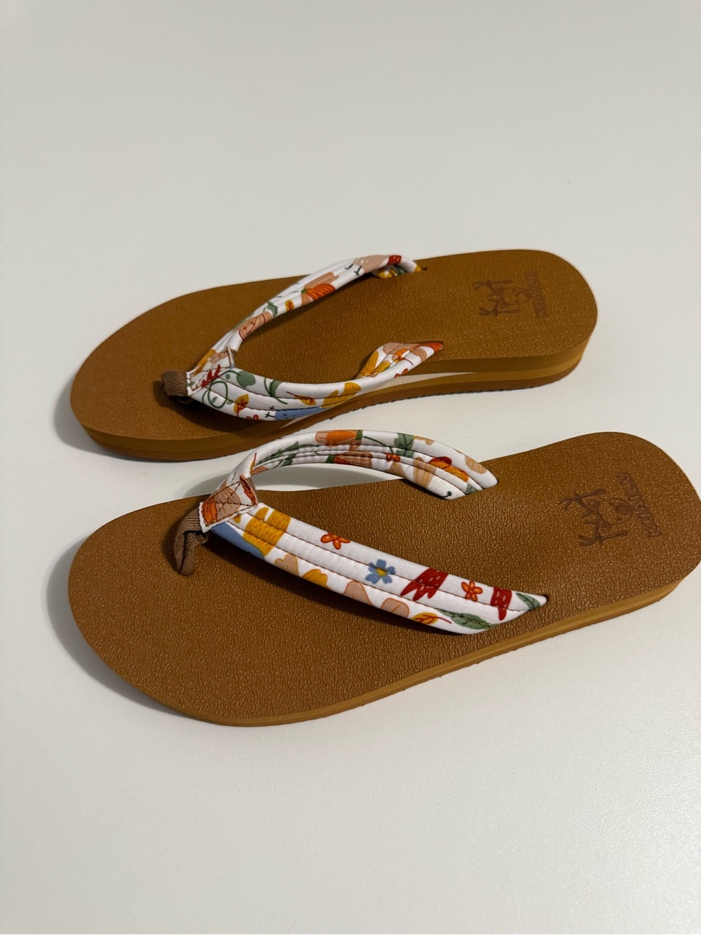 Women’s Brown Flip Flop Sandals with Floral Fabric Straps